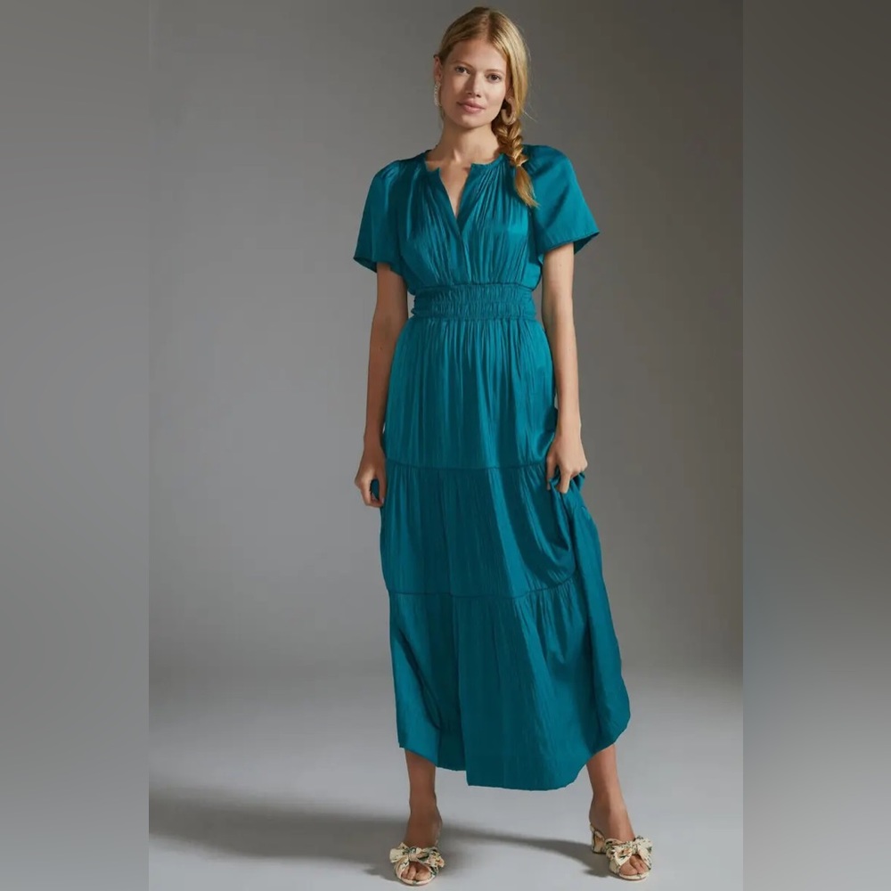 Anthropologie Large Somerset Maxi Dress Long Tiered Silky Satiny Turquoise